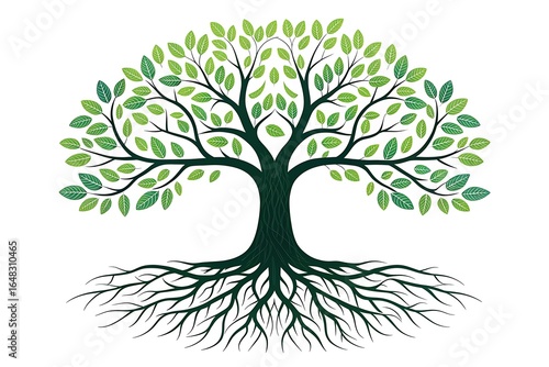 Stylized tree of life with visible roots and green leaves