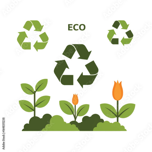 Eco-friendly illustration featuring recycling symbols, green plants, and blooming flowers in nature