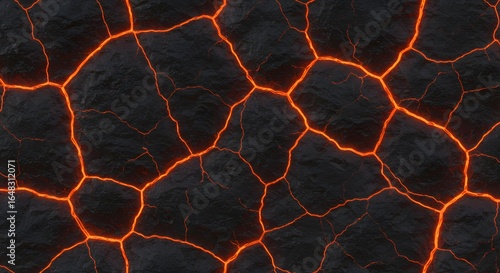 Glowing orange lava flowing through cracks in dark, textured volcanic rock, an abstract background of fiery geologic power.