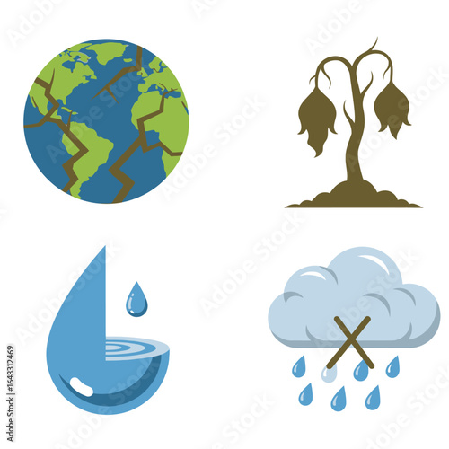 Illustration depicting environmental issues: cracked Earth, dying tree, water scarcity, and lack of rain.