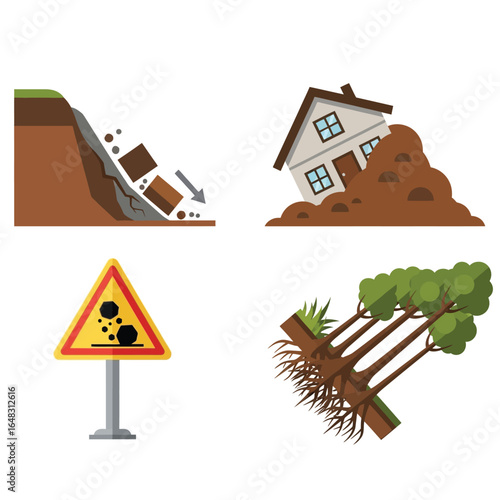 Landslide impact depicted through illustration of a house, trees, and land.