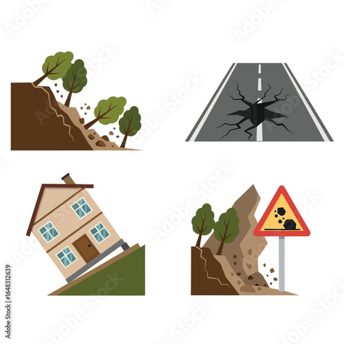 Landslide damage depicted in four illustrative scenarios, including a cracked road, a tilting house, and falling trees.
