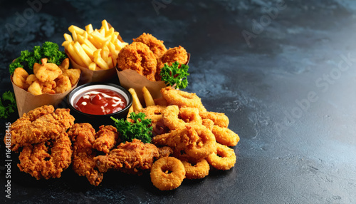Appetizing plate of fried chicken nuggets with crispy fries and ketchup sauce perfect for sharing and enjoying