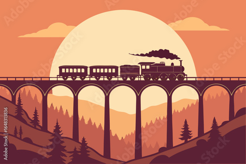 Classic steam train crossing a bridge in sunset, vector silhouette style