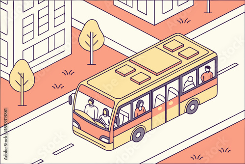 Isometric city bus with passengers inside, clean vector design