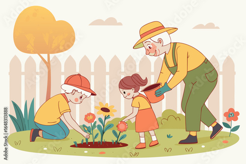 Elderly couple and grandchildren gardening together, colorful vector