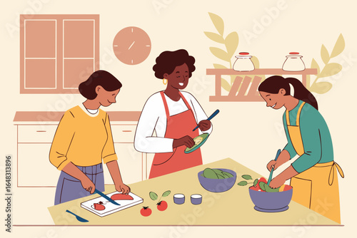 Friends cooking together in a shared kitchen, warm vector style