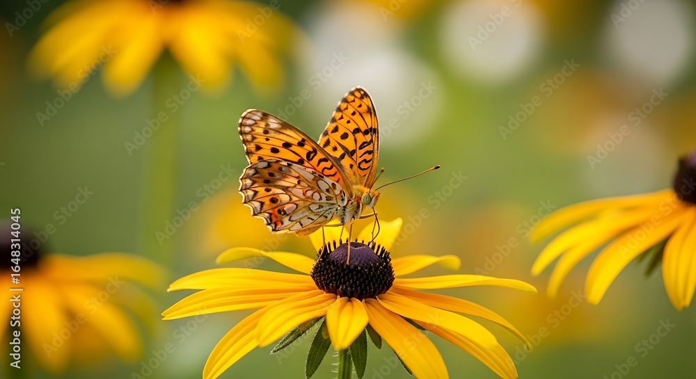 Obraz premium Elegant butterfly sipping nectar from a vibrant yellow Black-Eyed Susan flower in nature
