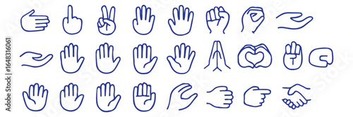 Fingers Actions editable stroke outline web icons set. Fingers, hands, thumb up, ok, point, touch, pray, hand shaking, and like. Vector illustration