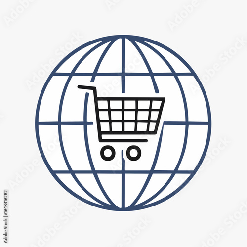 Worldwide E-commerce Business Concept Featuring a Shopping Cart on a Global Icon Representing Digital Transactions and International Online Retail Growth