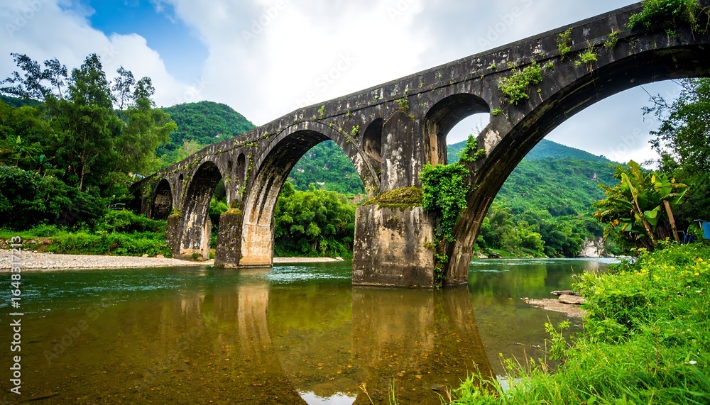 Fototapeta premium Stone arch bridge over a river in a lush valley