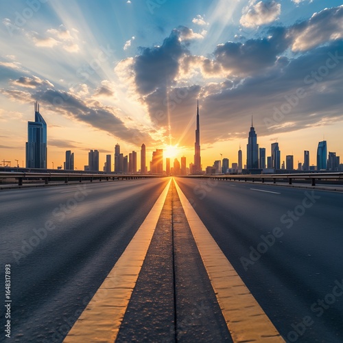 Dramatic Dubai Skyline at Sunset with Leading Road