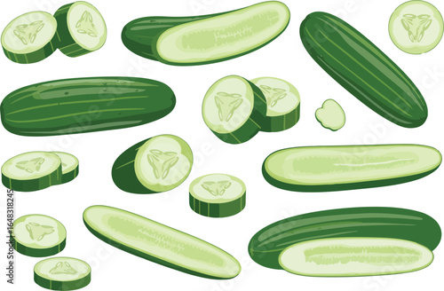 Fresh green cucumbers whole sliced and cut food vegetable