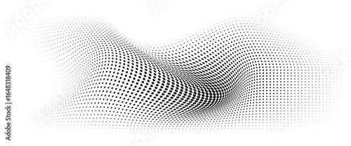 Flowing Wave Dot Halftone Pattern: Curve Gradient Shape on Transparent Background. Suitable for AI, Tech, Network, Digital, Science, and Technology Themes.
