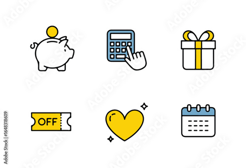 Piggy bank coin calculator gift ticket heart calendar icons vector