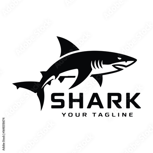 Sleek black shark silhouette with bold typography logo white
