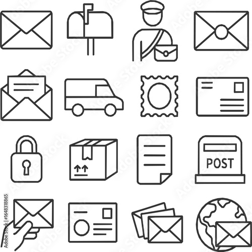 Minimal Black Line Postal Icons Set – Mail, Post Office, Delivery, Stamps, Postcards
