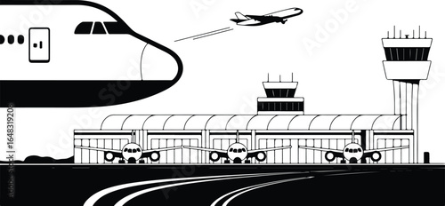 Black and white minimalist illustration of airplanes at airport with control tower and runway vector