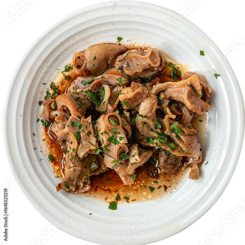 Chitlins with tangy vinegar sauce, plated neatly, garnished with parsley, southern delicacy on a pure white background, soft studio lighting, high detail.