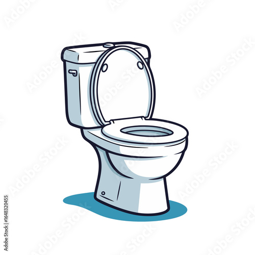 Clean white cartoon toilet with an open lid and seat drawn in a bold line art style.
