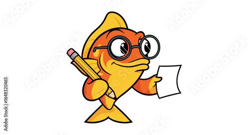 A smart cartoon goldfish character wearing glasses holding a large pencil and a blank paper note.