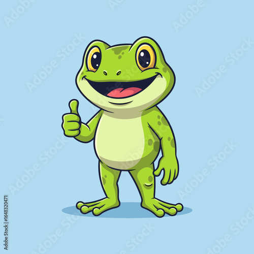 A cheerful green cartoon frog character standing and giving a thumbs-up gesture with a wide happy smile.