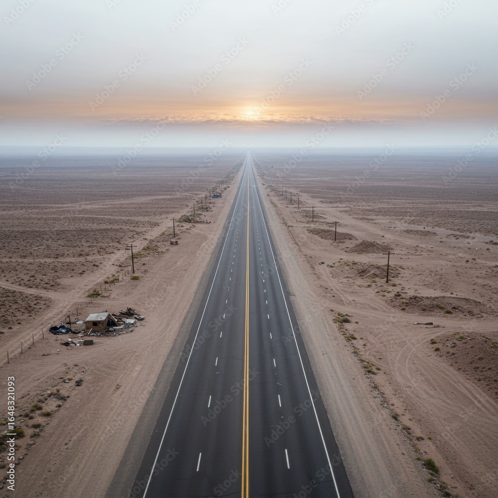 Fototapeta premium Desert highway stretching toward the horizon under a hazy, pastel colored sky