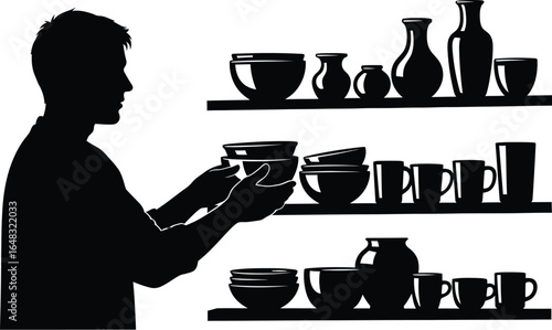 Silhouette of a man arranging pottery shelves a vector illustration of art, craft, and design for business, hobby, or collection concepts