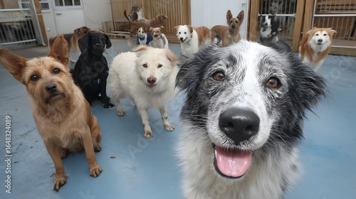 Group of playful dogs in a supervised dog daycare setting