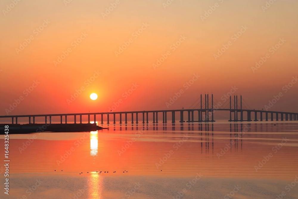 Fototapeta premium Stunning sunset over Jiaozhou Bay Bridge showcases serene coastal beauty in Qingdao, China
