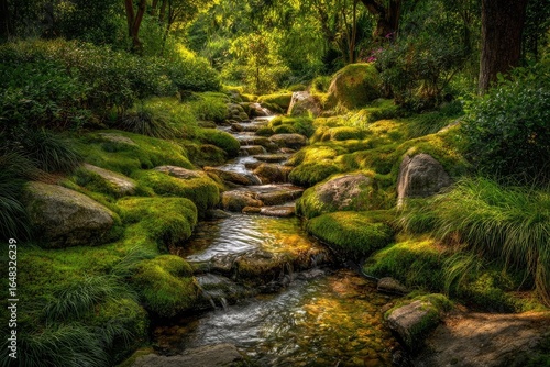 Lush stream winding through a mossy garden