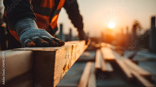 Close-up of a construction worker handling a wooden beam.