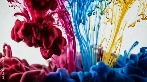 Colorful Ink Droplets Mixing and Flowing in Water Against White Background