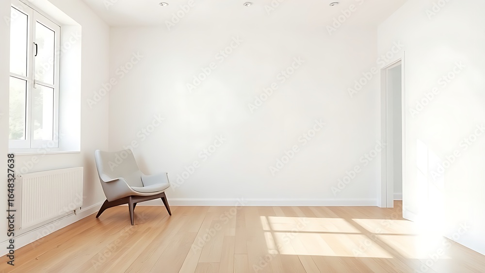 Fototapeta premium A minimalist modern living room with a mid-century armchair, bathed in natural window light.
