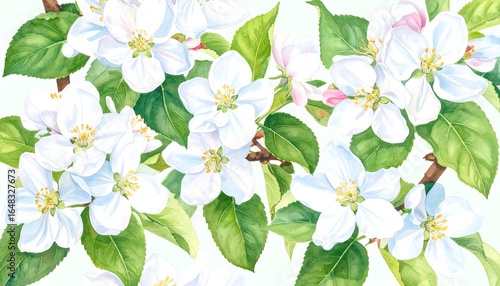 Watercolor illustration of blossoming apple trees.  Detailed floral pattern