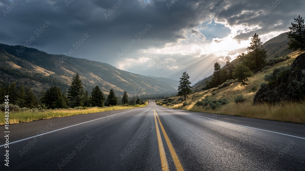 Fototapeta premium A scenic highway stretches towards the sunlit horizon between green hills under a dramatic sky