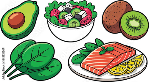 Healthy Food Ingredients For A Balanced Diet With Fruits Vegetables And Fish avocado kiwi