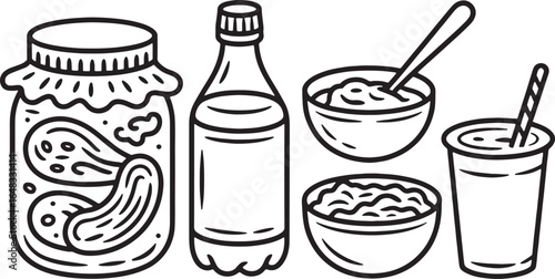 Outline Icons of Jarred Pickles, Bottle, and Bowls of Food drink