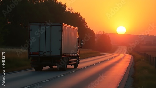 Delivery truck traveling a rural road bathed in golden sunset light, creating a warm and distant scene.