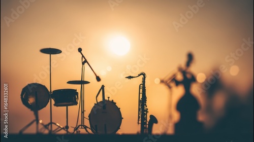 Silhouettes of musical instruments including drum set, saxophone, and trumpet against a warm sunset,