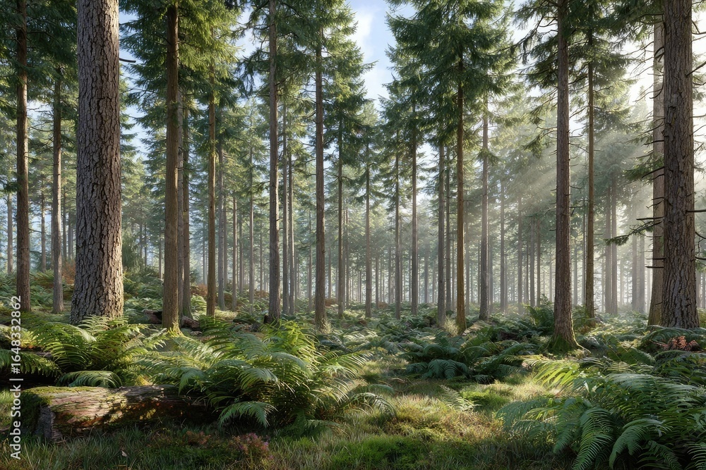 Obraz premium Sunlit forest floor, tall pines, ferns