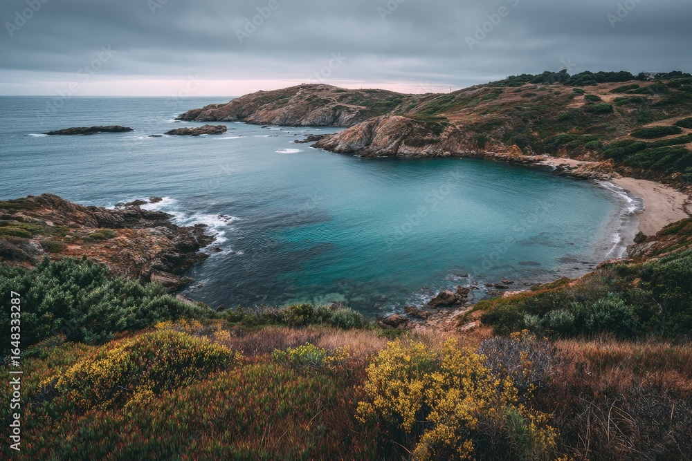 Obraz premium Coastal bay scene with dramatic sky and varied terrain