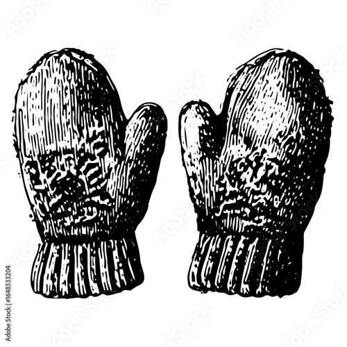 Antique wool mittens engraving, cozy winter gloves illustration in detailed black and white