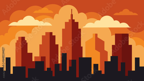 Stylized city skyline at sunset with orange clouds