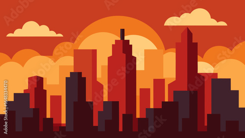 Flat design city skyline at sunset with clouds