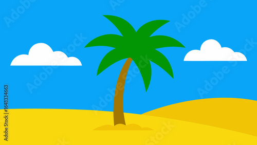 Simple cartoon illustration of a palm tree on a sandy beach with clouds