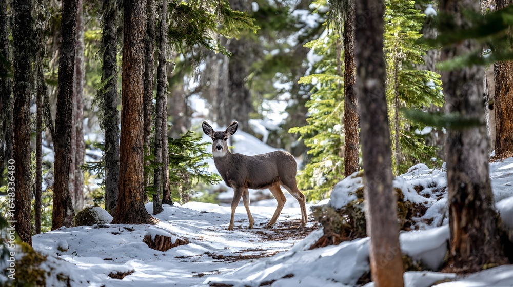 Naklejka premium A deer stands on a snowy forest path.