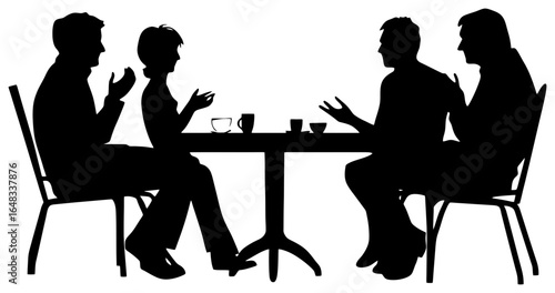 Silhouette of Four People Sitting Around a Table Chatting
