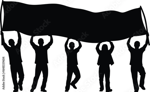 Silhouette of a group of people holding a banner, representing a protest, demonstration, or rally