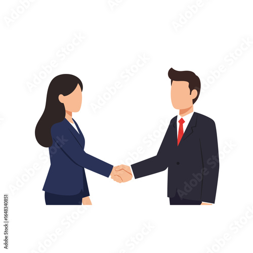 A vector illustration depicts two business people, a man and a woman, shaking hands in a gesture of agreement and partnership, isolated on a white background.